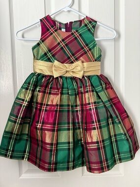 Bonnie Jean Girls' Green Red Gold Plaid Holiday Dress with Gold Bow